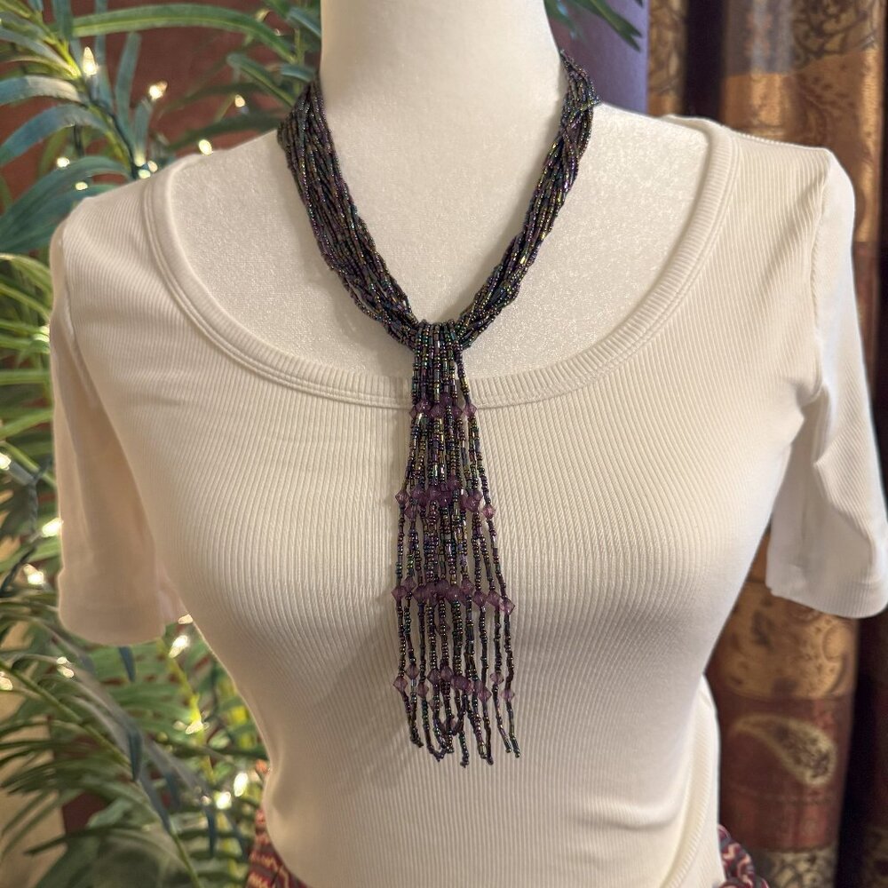 Chunky Purple Beaded Y Necklace with Fringe Pendant